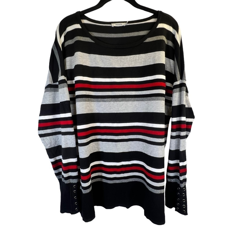 Ricki's Women's Sweater XL Stripes White Black Gray Red Long Sleeves